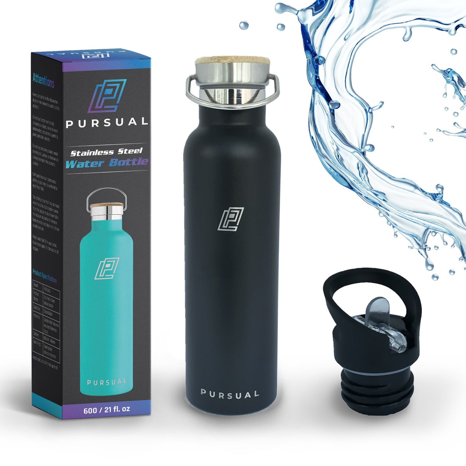 Pursual insulated stainless steel water bottle in black with box and lid shown