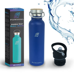 Pursual insulated stainless steel water bottle in blue with box and lid shown