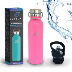 Pursual insulated stainless steel water bottle in pink with box and lid shown