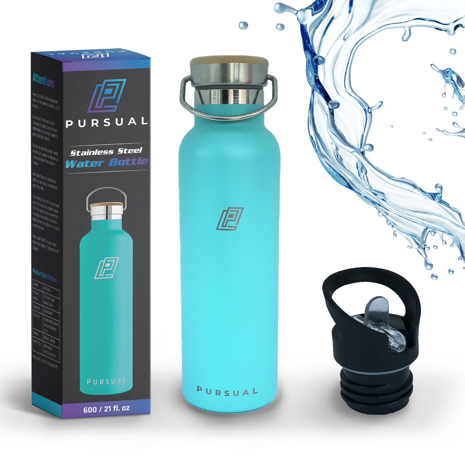 Pursual insulated stainless steel water bottle in turquoise with box and lid shown