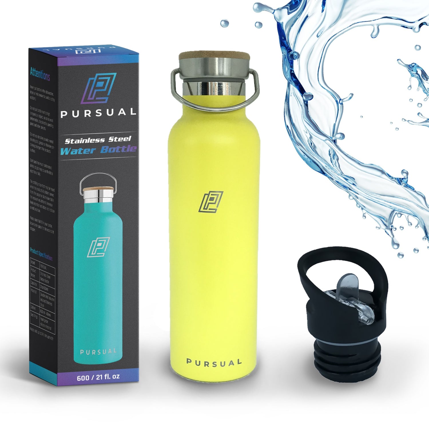 Pursual insulated stainless steel water bottle in yellow with box and lid shown